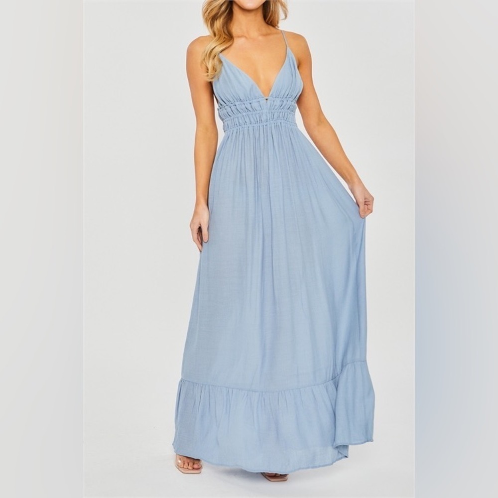 SKY BLUE SKINNY SPAGHETTI STRAP WOVEN SOLID FLOWY RUFFLE MAXI DRESS